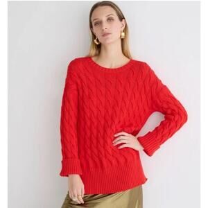 J.Crew Red Cotton Cable Knit Heavy Sweater Size L-XL Side Slit Crewneck Classic
